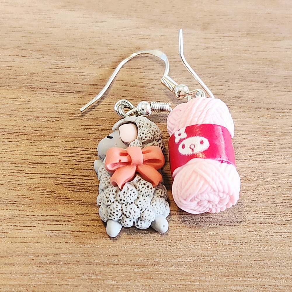 Handmade Pink Yarn and Grey Sheep Dangle Drop Earrings NWOT Casual Office School